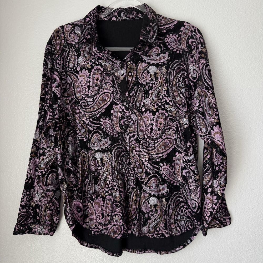 Vintage Black Corduroy Paisley Long Sleeve Button-Up Women's Dark Whimsigoth